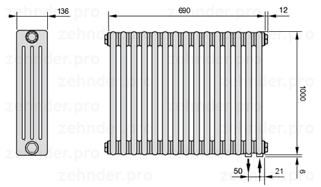 Схема (чертеж) Радиатор Zehnder Charleston 4100/15 №5510 Белый глянцевый RAL 9016